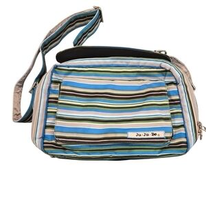 JU JU BE BETTER BEE STRIPED MESSANGER DIAPER BAG WITH CHANGING PAD.